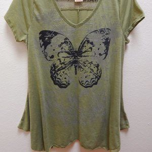 Olive Green Butterfly Flare T-Shirt Lace Detail